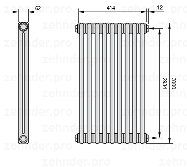 Схема (чертеж) Радиатор Zehnder Charleston 2300/9 №7610 Белый глянцевый RAL 9016